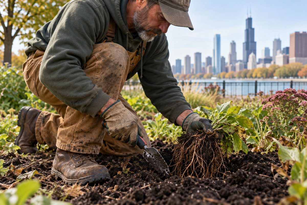 Experienced gardener inspecting soil quality and plant roots with a handheld trowel.